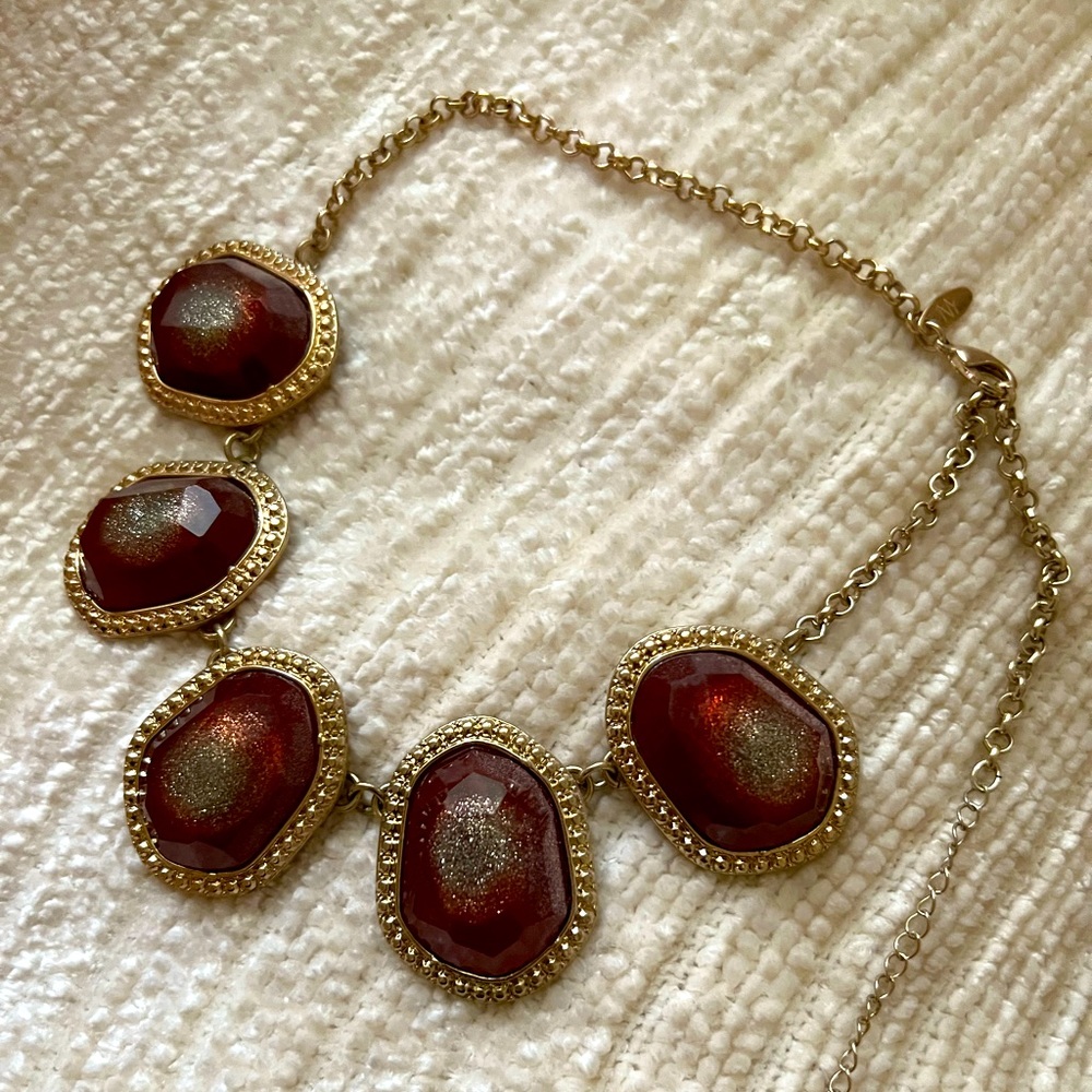 Red and Gold Jewel/Stone Statement Necklace from New York & Co.